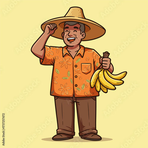 Cartoon man in orange floral shirt and straw hat holding bananas, smiling cheerfully on light yellow background.