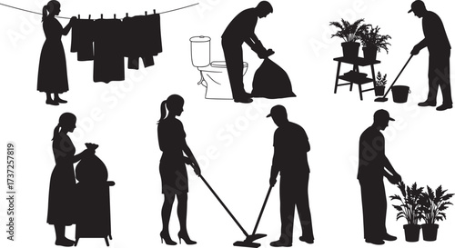 Household chore silhouettes, cleaning tasks, laundry, vacuuming, trash disposal, plant care, black vector icons, domestic activity, home maintenance, everyday lifestyle illustration