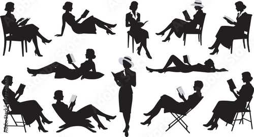 Women reading silhouettes, book lovers, seated and standing poses, leisure activity, education theme, black vector icons, peaceful moment, literary lifestyle illustration