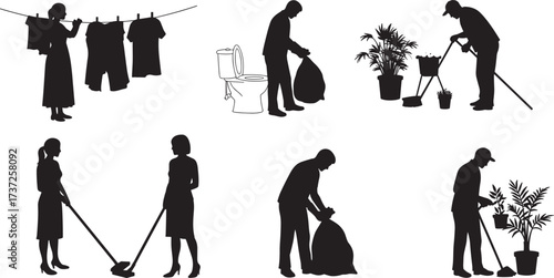 Household chore silhouettes, cleaning tasks, laundry, vacuuming, trash disposal, plant care, black vector icons, domestic activity, home maintenance, everyday lifestyle illustration