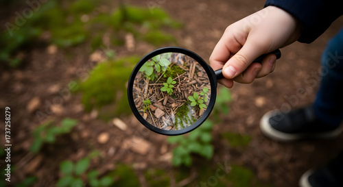 Nature Observation Close-Up Magnifier in Child's Hand Exploring Forest Ground Ecosystem Learning About Biodiversity Environmental Awareness and Scientific Discovery Concept