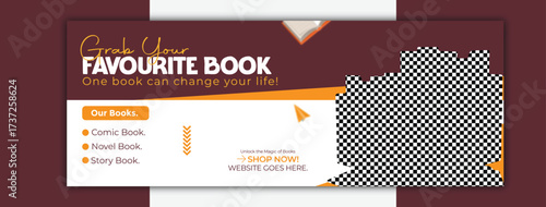 Grab your favourite book banner template with books stack and brown background for social media post