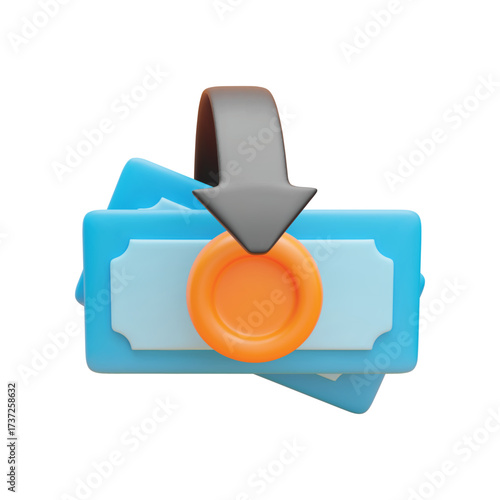 3d cashback banknote icon. Realistic stack banknotes with gold coin and black arrow around. Money saving, transfer, exchange concept. Sign cash refund. Vector illustration isolated on white