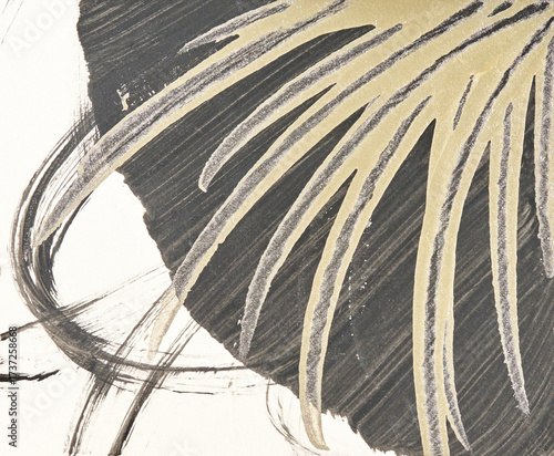 Abstract brushstroke art: bold black and gold ink design with dynamic lines and organic shapes.