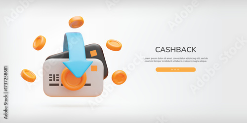 3d cashback credit card landing page. Realistic bank card with gold coin in front and golden coins and blue arrow. Money return, cashback and transfer web concept. Vector sign of cash service