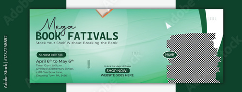 Mega book festival banner template with books stack and green background for social media post