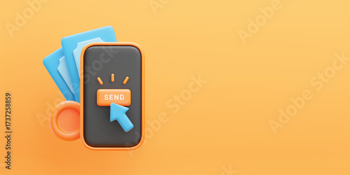 3D mobile payment banner. Realistic vector mobile phone, banknotes, coin behind, button and cursor arrow on screen. Online transfer concept on yellow background. Phone banking service.