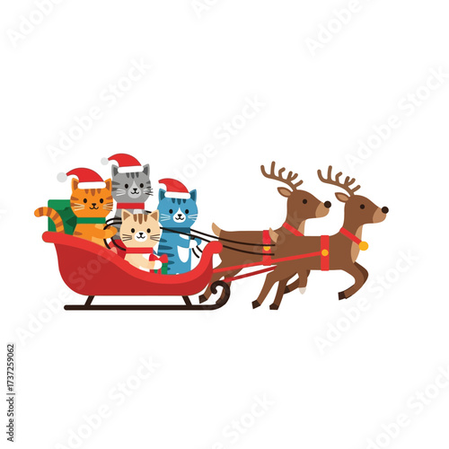 Four cats wearing Santa hats ride in a red sleigh pulled by two reindeer.