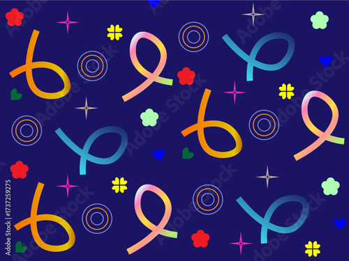Colorful abstract design with looping ribbon-like shapes, stars, and floral elements on a dark blue background.