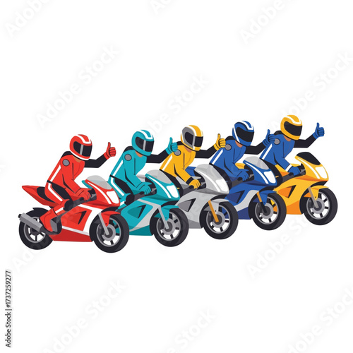 Colorful illustration of five motorcyclists riding sport bikes, giving thumbs up.