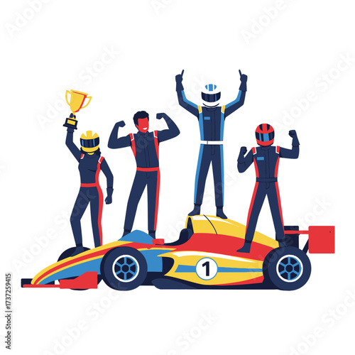 Illustration of victorious race car drivers celebrating their win on the podium.