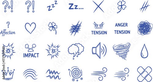 Assorted blue hand drawn doodle icons and symbols Keywords: exclamation mark, question mark