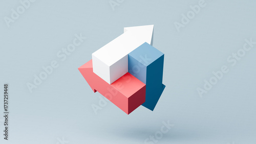 Three overlapping arrows pointing in different directions, business strategy and decision making, 3d render
