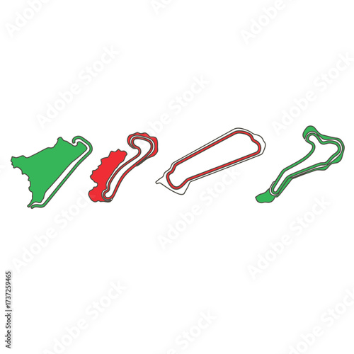 Four stylized race track outlines in green and red, isolated on a white background, showcasing different circuit layouts.