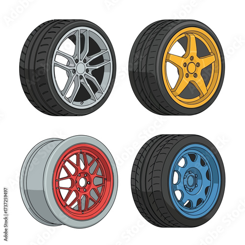 Four colorful car wheels with different rim designs are displayed, showcasing a variety of styles.