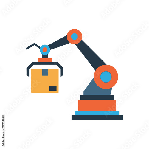 Robotic arm holding a cardboard box, illustration of automated process, isolated on white.