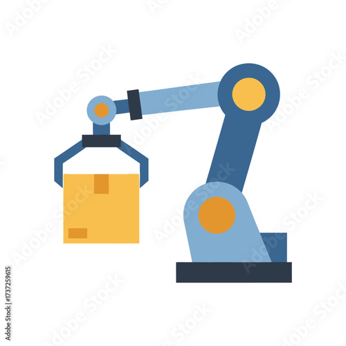 Robotic arm lifting a cardboard box. Automated machine handling a package.