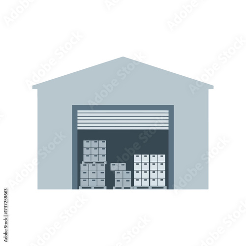 Illustration of a warehouse with a partially open shutter door and stacks of boxes inside.