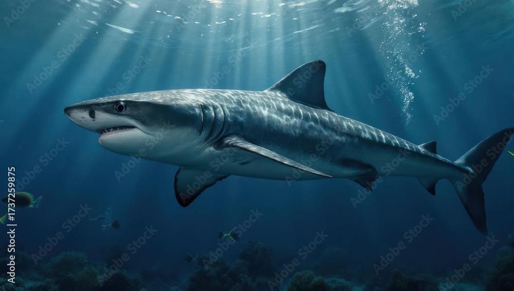 Naklejka premium Shark underwater, sun rays