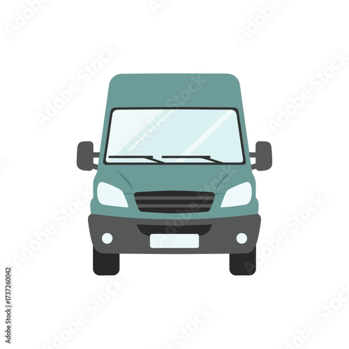 A front-facing illustration of a teal-colored delivery van, showing windshield and headlights.