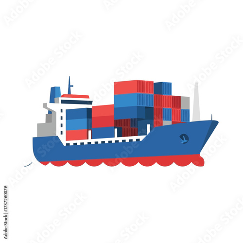 A stylized illustration of a cargo ship transporting shipping containers across the ocean.
