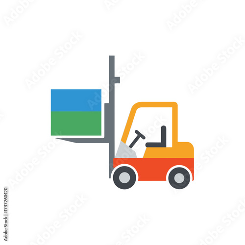 Illustration of a forklift carrying a blue and green box, isolated on a white background.