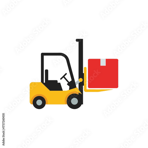A yellow forklift lifting a red box with white tape on a white background.