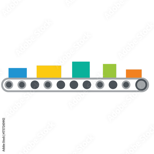 Conveyor belt with colorful blocks moving along it, illustration.