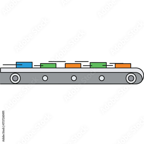 Illustration depicts a conveyor belt transporting colorful rectangular objects across a factory floor.
