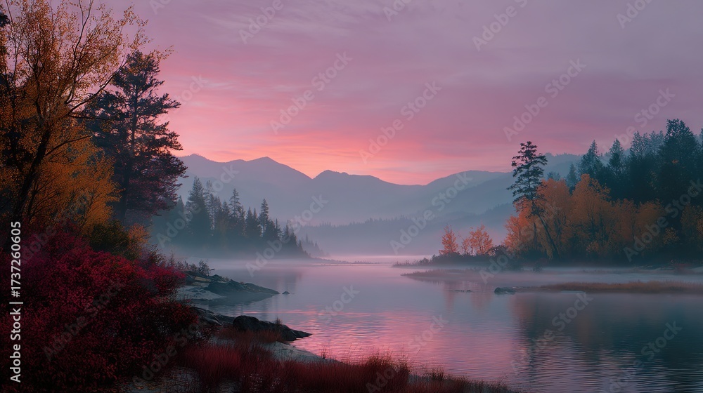Obraz premium Calm Canadian lake in autumn with pink sunrise, mist, and colorful trees reflecting in the water, great for landscape, wellness, or seasonal visuals