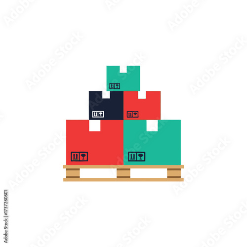 A stack of colorful cardboard boxes atop a wooden pallet, ready for shipping.
