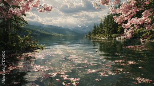 Serene Canadian lake with cherry blossoms and floating petals, clear reflections of mountains and sky, perfect for seasonal, romantic, and travel use