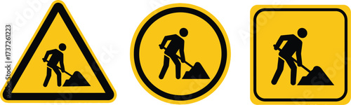 Construction Symbol Set of Yellow Triangle Circle Square Icon with Worker Digging