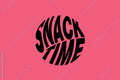 Modern circular typography logo with the phrase "SNACK TIME" in bold distorted black letters on a pink background. Ideal for food branding, snack packaging, fast-food promotion, and advertising design