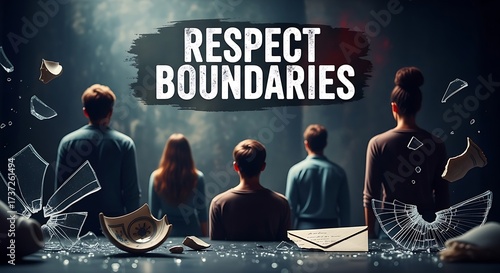 People facing shattered glass and broken pottery symbolizing the need to respect personal boundaries and prevent emotional damage