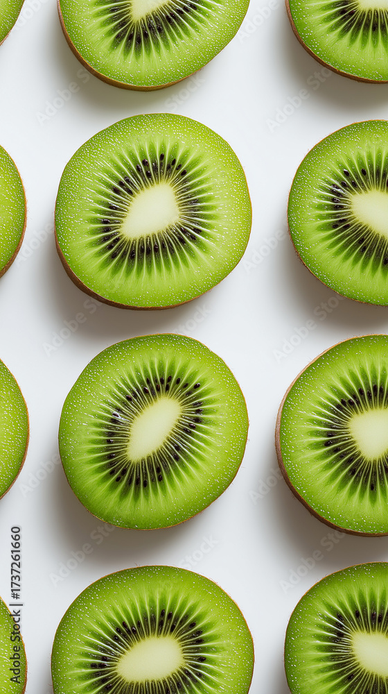 Fototapeta premium Green kiwi slices with black seeds arranged neatly on a white background. 
