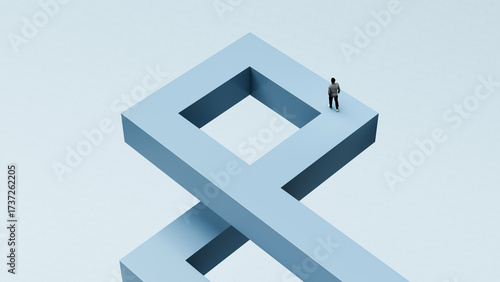 Man walking on looping path illusion, business complexity challenges right direction, 3d render