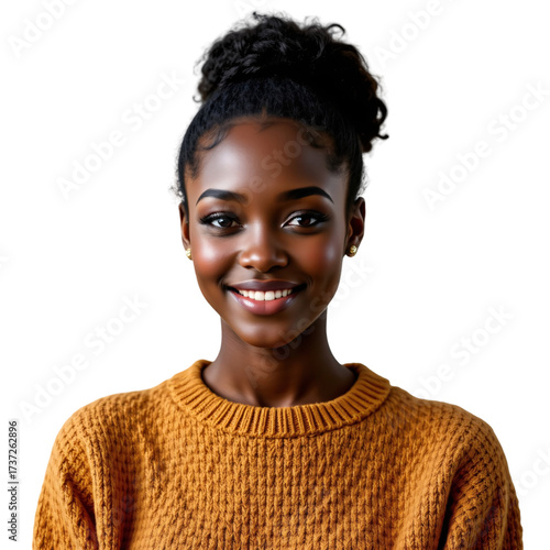 Joyful young woman smiling urban setting portrait photography bright lighting close-up confidence and happiness
