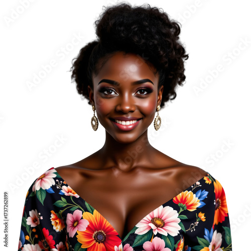 Celebrating beauty and diversity portrait of a smiling woman in colorful floral dress studio close-up empowerment
