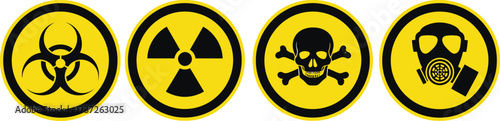 Danger Warning Signs Collection, Round Yellow Labels with Biohazard, Radiation, Skull, Gas Mask