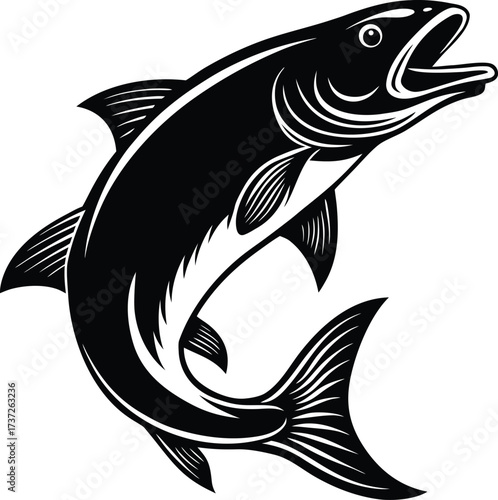 Jumping Salmon Fish Vector Illustration Black and White Trout Silhouette Fishing Design Seafood Clipart Freshwater and Marine Wildlife Art