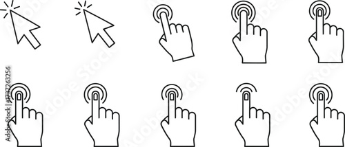 Cursor Arrow Icons, Touching Finger Outline Hand Pushing Button with Transparent Background