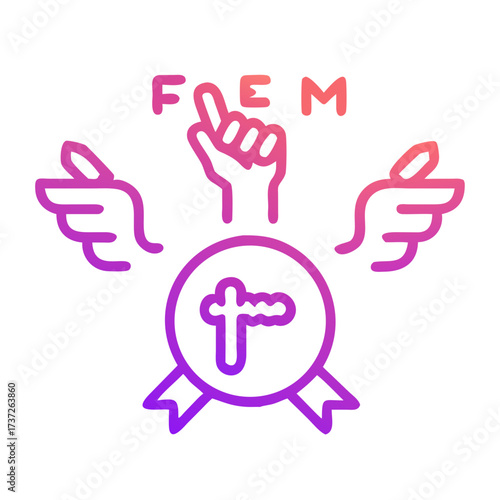 Feminism icon with wings, hand gesture, and equality symbol