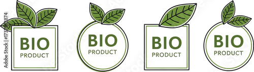 Eco Bio Product Labels Set With Green Leaves, Green Frames, White Background