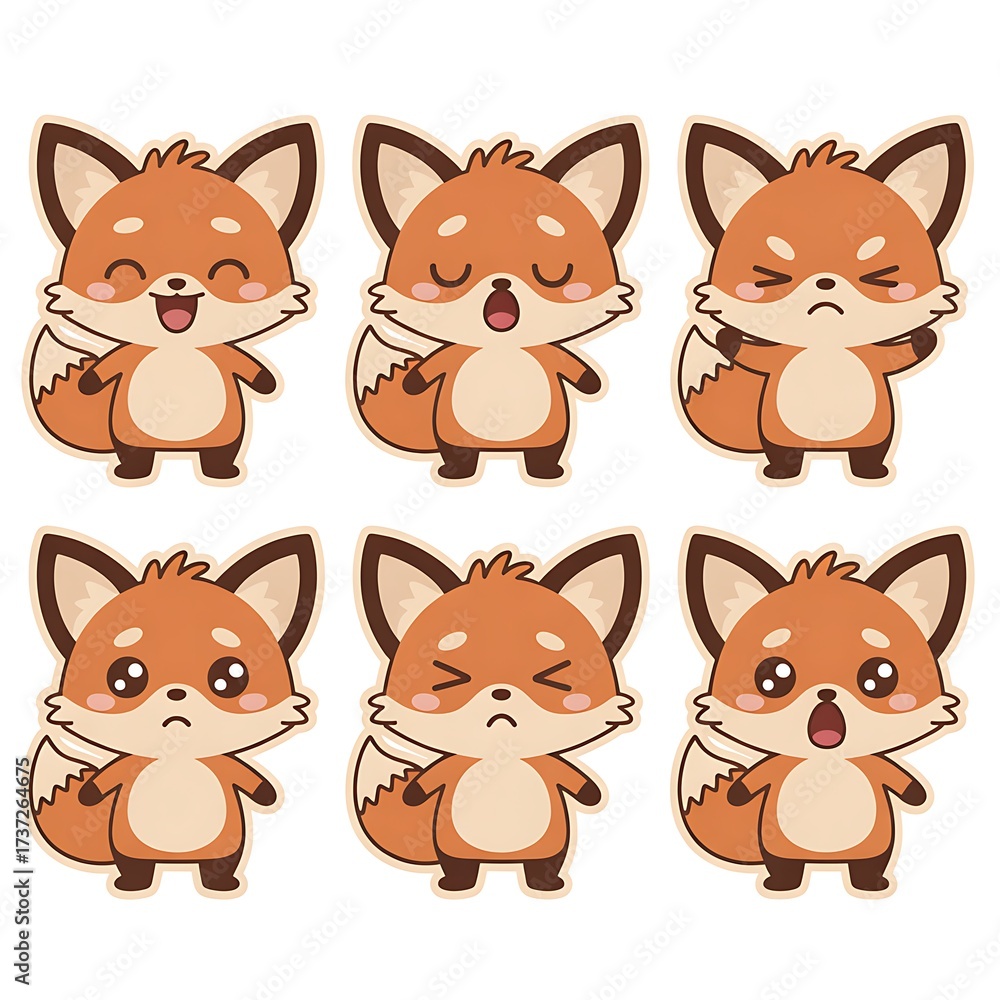 Fototapeta premium Adorable Cartoon Foxes Displaying Different Emotions Playful and Expressive Set for Childrens Designs and Educational Materials