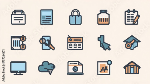 Collection of Modern Flat Icons Representing Business Finance and Technology Concepts