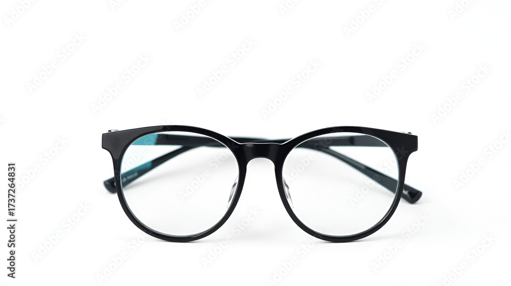 Fototapeta premium Black eyeglasses in round frame transparent for reading or good vision, front view isolated on white background