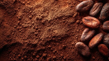 Natural chocolate background, textured cocoa powder surface, scattered cocoa beans, earthy organic brown tones, soft natural light, warm artisan inspiration, calm and authentic design, commercial.
