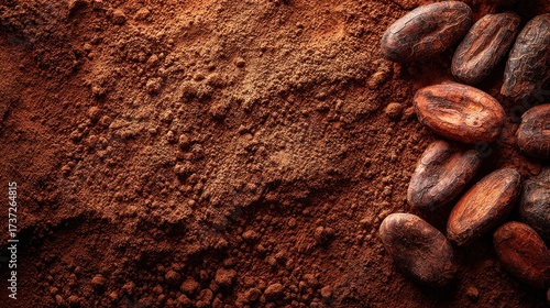 Natural chocolate background, textured cocoa powder surface, scattered cocoa beans, earthy organic brown tones, soft natural light, warm artisan inspiration, calm and authentic design, commercial.