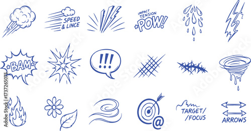 Collection of Blue Hand Drawn Comic Style Action and Sound Effect Icons speed wind